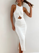 Load image into Gallery viewer, front cutout midi dress, midi bodycon dress, ruched midi dress white, ruched bodycon midi dress, slim fit midi dress, casual sexy bodycon midi dress with front cutout and slit, slim fit dress.