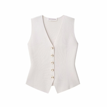 Load image into Gallery viewer, blue buttoned vest women, White Vest for women with luxe gold buttons, chic minimalist outfit idea for workwear, brunch styling, or what to wear on vacation, Minimalist white vest for women, tailored V-neck buttoned vest perfect as office chic outfit or casual brunch look with wide-leg trousers.