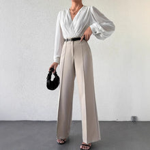 Load image into Gallery viewer, Column wide-leg trousers high waist tailored office pants for women, French minimalist neutral beige work trousers, business casual look.
