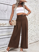 Load image into Gallery viewer, Vita wide leg pants for women in brown with belted high-waist, flowy trousers for workwear outfits, office wide leg pants, travel-ready belted trousers, chic brown wide leg pants outfit.