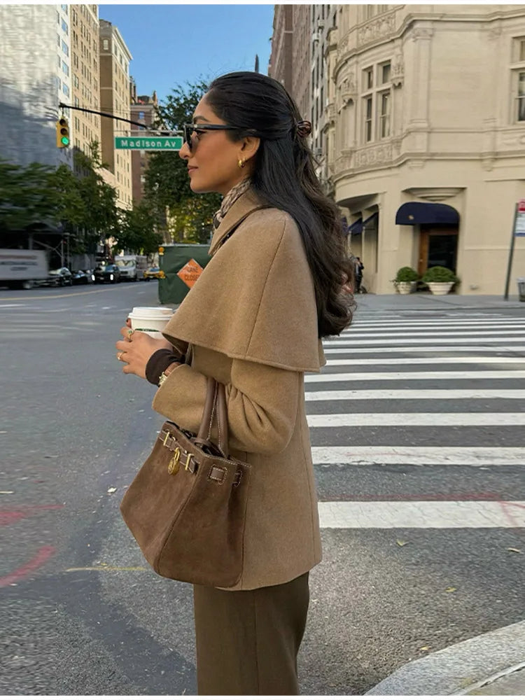 womens cape collar jackets, Blazer jacket women meets cape design in this tailored cape overlay jacket, single breasted, hip length, polished business casual jacket with quiet luxury and old money aesthetic, Tailored cape jacket women with structured fit