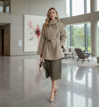 Load image into Gallery viewer, Belted trench coat women, work-appropriate cropped trench coat for office, casual chic beige trench coat for spring style, wedding guest trench coat outfit, business casual trench coat, womens short coat.