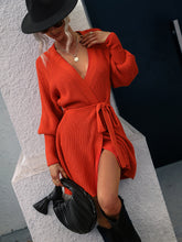 Load image into Gallery viewer, Sweater Dress, Short sweater dress, Bodycon Sweater Dress, Mini Sweater Dress, Spring Sweater Dress, Cable Knit Bodycon Dress, cute new years eve outfits, plunging v neck dress, sweater tops for women, cable knit jumper womens, orange knitted jumper, holiday sweaters womens, orange cable knit jumper, orange v neck jumper for women, womens jumper dress.