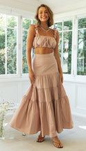 Load image into Gallery viewer, womens two piece set, Two Piece skirt set, Ruffle Crop top, Ruched crop top, suspender top, Two piece Maxi Dress, Coord Sets, Maxi Skirt outfit set, skirt coord set, 2 piece sets, Coord set dress, ladies cords, holiday two piece sets, brown co-ord set, skirt co ords sets, two piece lounge sets, summer co ord outfits, two piece co ord set skirt, swing skirt and crop top set.