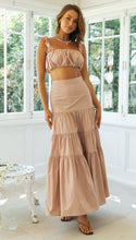 Load image into Gallery viewer, womens two piece set, Two Piece skirt set, Ruffle Crop top, Ruched crop top, suspender top, Two piece Maxi Dress, Coord Sets, Maxi Skirt outfit set, skirt coord set, 2 piece sets, Coord set dress, ladies cords, holiday two piece sets, brown co-ord set, skirt co ords sets, two piece lounge sets, summer co ord outfits, two piece co ord set skirt, swing skirt and crop top set.