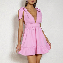Load image into Gallery viewer, Womens Pink Ruffle Dress, Plunging V neck dress, Barbiecore ruffle dress, summer womens cute dress, Barbiecore Aestheti, Pink Sundress, Pleated ruffle dress, short lace dress, Barbiecore outfits, Barbiecore Pink Dress, Barbiecore Clothes, ruffle hem dress, summer pleated ruffle dress, pink ruffle dress, Barbie dresses for women.