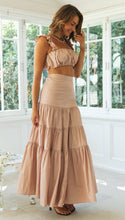 Load image into Gallery viewer, womens two piece set, Two Piece skirt set, Ruffle Crop top, Ruched crop top, suspender top, Two piece Maxi Dress, Coord Sets, Maxi Skirt outfit set, skirt coord set, 2 piece sets, Coord set dress, ladies cords, holiday two piece sets, brown co-ord set, skirt co ords sets, two piece lounge sets, summer co ord outfits, two piece co ord set skirt.