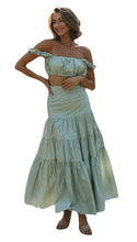 Load image into Gallery viewer, womens two piece set, Two Piece skirt set, Ruffle Crop top, Ruched crop top, suspender top, Two piece Maxi Dress, Coord Sets, Maxi Skirt outfit set, skirt coord set, 2 piece sets, Coord set dress, ladies cords, holiday two piece sets, green co-ord set, skirt co ords sets, two piece lounge sets, summer co ord outfits, two piece co ord set skirt, ruffle tiered skirt and crop top set.
