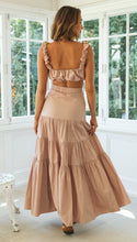 Load image into Gallery viewer, womens two piece set, Two Piece skirt set, Ruffle Crop top, Ruched crop top, suspender top, Two piece Maxi Dress, Coord Sets, Maxi Skirt outfit set, skirt coord set, 2 piece sets, Coord set dress, ladies cords, holiday two piece sets, brown co-ord set, skirt co ords sets, two piece lounge sets, summer co ord outfits, two piece co ord set skirt, swing skirt and crop top set.