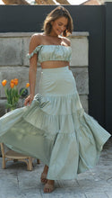 Load image into Gallery viewer, womens two piece set, Two Piece skirt set, Ruffle Crop top, Ruched crop top, suspender top, Two piece Maxi Dress, Coord Sets, Maxi Skirt outfit set, skirt coord set, 2 piece sets, Coord set dress, ladies cords, holiday two piece sets, green co-ord set, skirt co ords sets, two piece lounge sets, summer co ord outfits, two piece co ord set skirt, swing skirt and crop top set.