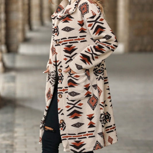 Aztec print women's long line coat, Long Overcoat, Women's outerwear, women's overcoat, women's coats & jackets, long parka coat, trench coat women, womens winter clothing, womens dressy winter coats, women's plus size coats, plus size parka coat, plus size parka, womens outdoor coat, womens long parka coat, black friday coat sale.