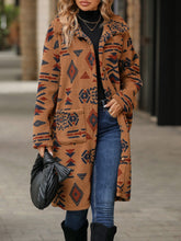Load image into Gallery viewer, Aztec print women's long line coat, Long Overcoat, camel coat, Women's outerwear, women's overcoat, women's coats & jackets, long parka coat, trench coat women, womens winter clothing, womens dressy winter coats, women's plus size coats, plus size parka coat, plus size parka, womens outdoor coat, womens long parka coat, black friday coat sale.