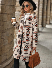 Load image into Gallery viewer, Aztec print women's long line coat, Long Overcoat,  Women's outerwear, women's overcoat, women's coats & jackets, long parka coat, trench coat women, womens winter clothing, womens dressy winter coats, women's plus size coats, plus size parka coat, plus size parka, womens outdoor coat, womens long parka coat, black friday coat sale.