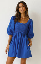 Load image into Gallery viewer, casual Friday outfits, lantern sleeves dress, solid color dress, cute short dress, blue cute short dress, short frock, stylish frock dress, frocks and fashion, nice frock, lantern sleeve, cute outfits with dark blue jeans, street casual attire, casual dress, 80's casual wear