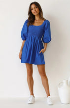 Load image into Gallery viewer, casual Friday outfits, lantern sleeves dress, solid color dress, cute short dress, casual dress, ladies going out dress, blue short frock, frill frock, cute dressy, cute outfits to wear roller skating, 80's casual wear