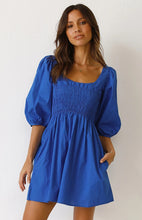 Load image into Gallery viewer, casual Friday outfits, lantern sleeves dress, solid color dress, cute short dress, casual dress, ladies going out dress, blue short frock, frill frock, cute dressy, cute outfits to wear roller skating, 80's casual wear