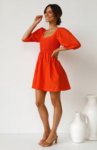 Load image into Gallery viewer, casual Friday outfits, lantern sleeves dress, solid color dress, cute short dress, red short frock, stylish frock dress, frocks and fashion, nice frock, lantern sleeve, cute outfits with dark blue jeans, street casual attire, casual dress, 80's casual wear