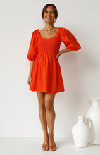 Load image into Gallery viewer, casual Friday outfits, lantern sleeves dress, solid color dress, cute short dress, red short frock, stylish frock dress, frocks and fashion, nice frock, lantern sleeve, cute outfits with dark blue jeans, street casual attire, casual dress