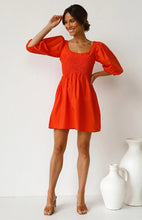 Load image into Gallery viewer, casual Friday outfits, lantern sleeves dress, solid color dress, cute short dress, casual dress, ladies going out dress, red short frock, frill frock, cute dressy, cute outfits to wear roller skating, 80's casual wear