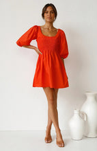 Load image into Gallery viewer, casual Friday outfits, lantern sleeves dress, solid color dress, cute short dress, red short frock, stylish frock dress, frocks and fashion, nice frock, lantern sleeve, cute outfits with dark blue jeans, street casual attire, casual dress, 80's casual wear