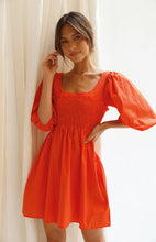 Load image into Gallery viewer, casual Friday outfits, lantern sleeves dress, solid color dress, cute short dress, red short frock, stylish frock dress, frocks and fashion, nice frock, lantern sleeve, cute outfits with dark blue jeans, street casual attire, casual dress
