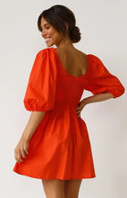 Load image into Gallery viewer, casual Friday outfits, lantern sleeves dress, solid color dress, cute short dress, red short frock, stylish frock dress, frocks and fashion, nice frock, lantern sleeve, cute outfits with dark blue jeans, street casual attire, casual dress, 80's casual wear