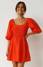 Load image into Gallery viewer, casual Friday outfits, lantern sleeves dress, solid color dress, cute short dress, casual dress, ladies going out dress, red short frock, frill frock, cute dressy, cute outfits to wear roller skating, 80's casual wear, cute converse outfits