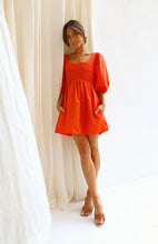 Load image into Gallery viewer, casual Friday outfits, lantern sleeves dress, solid color dress, cute short dress, casual dress, ladies going out dress, red short frock, frill frock, cute dressy, cute outfits to wear roller skating, 80's casual wear