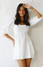 Load image into Gallery viewer, casual Friday outfits, lantern sleeves dress, solid color dress, cute short dress, casual dress, ladies going out dress, white short frock, frill frock, cute dressy, cute outfits to wear roller skating, 80's casual wear