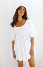 Load image into Gallery viewer, casual Friday outfits, white short frock, lantern sleeves dress, solid color dress, cute short dress, frill frock, cute dressy, cute outfits to wear roller skating, 80's casual wear, cute converse outfits, short homecoming dresses cheap, beautiful frock style
