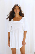 Load image into Gallery viewer, casual Friday outfits, lantern sleeves dress, solid color dress, cute short dress, casual dress, ladies going out dress, white short frock, frill frock, cute dressy, cute outfits to wear roller skating, 80's casual wear