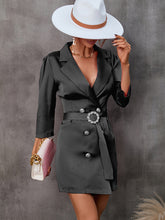 Load image into Gallery viewer, womens power suit, double breasted dress, black suit coat, black blazer dress, women's jacket, women's jacket dress, long coat dress, women's suit coat, Plus size Coats & Jackets, Trendy Plus size coats, Womens Outdoor coat, Cute Brunch outfits winter, black dress with belt, formal party dresses for women, womens formal party wear, coat dress womens, plunging V neckline dress.