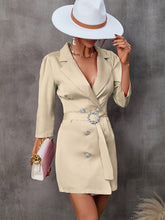 Load image into Gallery viewer, womens power suit, double breasted dress, black suit coat, black blazer dress, women's jacket, women's jacket dress, long coat dress, women's suit coat, Plus size Coats & Jackets, Trendy Plus size coats, Womens Outdoor coat, Cute Brunch outfits winter, beige dress with belt, formal party dresses for women, womens formal party wear, coat dress womens.