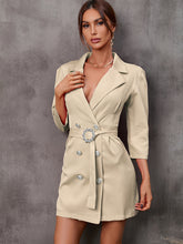 Load image into Gallery viewer, womens power suit, double breasted dress, black suit coat, black blazer dress, women's jacket, women's jacket dress, long coat dress, women's suit coat, Plus size Coats & Jackets, Trendy Plus size coats, Womens Outdoor coat, Cute Brunch outfits winter, beige dress with belt, formal party dresses for women, womens formal party wear, coat dress womens, plunging V neckline dress, Tie Suit Dress, womens plus size dress, curve.