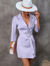 Load image into Gallery viewer, womens power suit, double breasted dress, black suit coat, black blazer dress, women's jacket, women's jacket dress, long coat dress, women's suit coat, Plus size Coats & Jackets, Trendy Plus size coats, Womens Outdoor coat, Cute Brunch outfits winter, purple dress with belt, formal party dresses for women, womens formal party wear, coat dress womens, plunging V neckline dress.