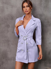 Load image into Gallery viewer, womens power suit, double breasted dress, black suit coat, black blazer dress, women's jacket, women's jacket dress, long coat dress, women's suit coat, Plus size Coats & Jackets, Trendy Plus size coats, Womens Outdoor coat, Cute Brunch outfits winter, purple dress with belt, formal party dresses for women, womens formal party wear, coat dress womens, plunging V neckline dress, Tie Suit Dress, plus size womens suit coat dress.