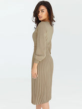Load image into Gallery viewer, crew neck sweater dress, Pleated Sweater Dress, Two Piece Skirt Set, Blazer Dress, Pleated Jumper Dress, Sweater Dress, Knitted jumper dress, cute holiday party outfits. cute brunch outfits winter, Prom & Homecoming, cute warm fall outfits, knitted Christmas pleated party dress, beige sweater dress, long sleeves dress.