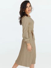 Load image into Gallery viewer, crew neck sweater dress, Pleated Sweater Dress, Two Piece Skirt Set, Blazer Dress, Pleated Jumper Dress, Sweater Dress, Knitted jumper dress, cute holiday party outfits. cute brunch outfits winter, Prom & Homecoming, cute warm fall outfits, knitted Christmas pleated party dress, beige sweater dress, long sleeves dress.