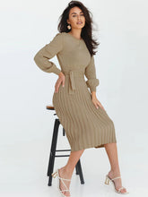 Load image into Gallery viewer, crew neck sweater dress, Pleated Sweater Dress, Two Piece Skirt Set, Blazer Dress, Pleated Jumper Dress, Sweater Dress, Knitted jumper dress, cute holiday party outfits. cute brunch outfits winter, Prom & Homecoming, cute warm fall outfits, knitted Christmas pleated party dress, beige sweater dress, long sleeves dress.