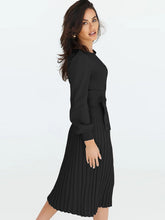 Load image into Gallery viewer, crew neck sweater dress, Pleated Sweater Dress, Two Piece Skirt Set, Blazer Dress, Pleated Jumper Dress, Sweater Dress, Knitted jumper dress, cute holiday party outfits. cute brunch outfits winter, Prom & Homecoming, cute warm fall outfits, knitted Christmas pleated party dress, black sweater dress, long sleeves dress.