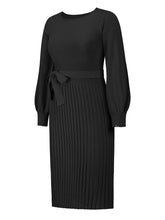 Load image into Gallery viewer, crew neck sweater dress, Pleated Sweater Dress, Two Piece Skirt Set, Blazer Dress, Pleated Jumper Dress, Sweater Dress, Knitted jumper dress, cute holiday party outfits. cute brunch outfits winter, Prom & Homecoming, cute warm fall outfits, knitted Christmas pleated party dress, black sweater dress, long sleeves dress.
