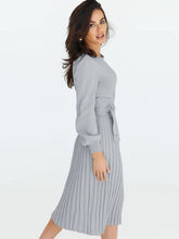 Load image into Gallery viewer, crew neck sweater dress, Pleated Sweater Dress, Two Piece Skirt Set, Blazer Dress, Pleated Jumper Dress, Sweater Dress, Knitted jumper dress, cute holiday party outfits. cute brunch outfits winter, Prom & Homecoming, cute warm fall outfits, knitted Christmas pleated party dress, grey sweater dress, long sleeves dress.