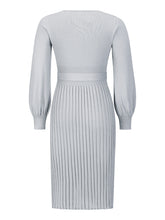 Load image into Gallery viewer, crew neck sweater dress, Pleated Sweater Dress, Two Piece Skirt Set, Blazer Dress, Pleated Jumper Dress, Sweater Dress, Knitted jumper dress, cute holiday party outfits. cute brunch outfits winter, Prom & Homecoming, cute warm fall outfits, knitted Christmas pleated party dress, grey sweater dress, long sleeves dress.
