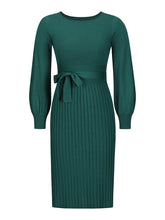 Load image into Gallery viewer, crew neck sweater dress, Pleated Sweater Dress, Two Piece Skirt Set, Blazer Dress, Pleated Jumper Dress, Sweater Dress, Knitted jumper dress, cute holiday party outfits. cute brunch outfits winter, Prom & Homecoming, cute warm fall outfits, knitted Christmas pleated party dress, green sweater dress, long sleeves dress.