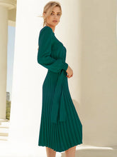 Load image into Gallery viewer, crew neck sweater dress, Pleated Sweater Dress, Two Piece Skirt Set, Blazer Dress, Pleated Jumper Dress, Sweater Dress, Knitted jumper dress, cute holiday party outfits. cute brunch outfits winter, Prom & Homecoming, cute warm fall outfits, knitted Christmas pleated party dress, green sweater dress, long sleeves dress.
