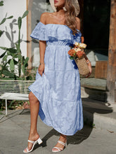 Load image into Gallery viewer, Tiered Ruffle Maxi Dress, Off the Shoulder Maxi Dress, Lace Maxi Dress Boho, floral tiered maxi dress, maxi dress off the shoulder, Long Maxi Dress, Bohemian Maxi Dress, lace off the shoulder maxi dress, tiered dress maxi, cold shoulder maxi dress, Off the shoulder maxi dress casual, off the shoulder maxi, plus size off the shoulder maxi dresses, blue tiered maxi dress, blue lace maxi dress, cold shoulder maxi dress, lace maxi dress.