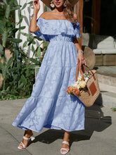 Load image into Gallery viewer, Tiered Ruffle Maxi Dress, Off the Shoulder Maxi Dress, Lace Maxi Dress Boho, floral tiered maxi dress, maxi dress off the shoulder, Long Maxi Dress, Bohemian Maxi Dress, lace off the shoulder maxi dress, tiered dress maxi, cold shoulder maxi dress, Off the shoulder maxi dress casual, off the shoulder maxi, plus size off the shoulder maxi dresses, blue tiered maxi dress, blue lace maxi dress, cold shoulder maxi dress, lace maxi dress.