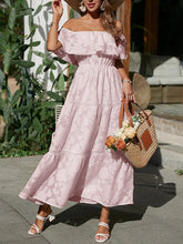 Load image into Gallery viewer, Tiered Ruffle Maxi Dress, Off the Shoulder Maxi Dress, Lace Maxi Dress Boho, floral tiered maxi dress, maxi dress off the shoulder, Long Maxi Dress, Bohemian Maxi Dress, lace off the shoulder maxi dress, tiered dress maxi, cold shoulder maxi dress, Off the shoulder maxi dress casual, off the shoulder maxi, plus size off the shoulder maxi dresses, pink tiered maxi dress, pink lace maxi dress, cold shoulder maxi dress, lace maxi dress.