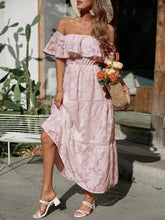 Load image into Gallery viewer, Tiered Ruffle Maxi Dress, Off the Shoulder Maxi Dress, Lace Maxi Dress Boho, floral tiered maxi dress, maxi dress off the shoulder, Long Maxi Dress, Bohemian Maxi Dress, lace off the shoulder maxi dress, tiered dress maxi, cold shoulder maxi dress, Off the shoulder maxi dress casual, off the shoulder maxi, plus size off the shoulder maxi dresses, pink tiered maxi dress, pink lace maxi dress, cold shoulder maxi dress, lace maxi dress.