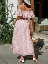 Load image into Gallery viewer, Tiered Ruffle Maxi Dress, Off the Shoulder Maxi Dress, Lace Maxi Dress Boho, floral tiered maxi dress, maxi dress off the shoulder, Long Maxi Dress, Bohemian Maxi Dress, lace off the shoulder maxi dress, tiered dress maxi, cold shoulder maxi dress, Off the shoulder maxi dress casual, off the shoulder maxi, plus size off the shoulder maxi dresses, pink tiered maxi dress, pink lace maxi dress, cold shoulder maxi dress, lace maxi dress.